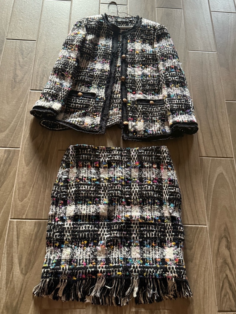 Carlisle Black Multi Tweed Fringe Skirt Set